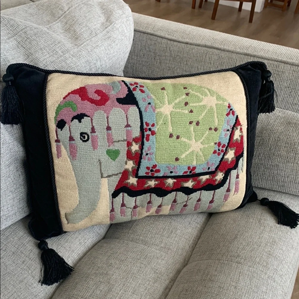 Vintage Mid-Century Modern Needlepoint Pillow elephant design w tassels velvet‎